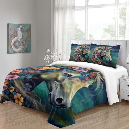 Parure housse de couette fleurs et chevaux 3D microfibre de qualité supérieur - 6