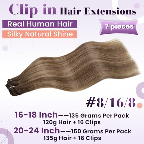 Image of LaaVoo Clip in Hair Extensions Real Human Hair 18 Inch 135g Human Hair Extensions Clip Ins Full Head 7pcs