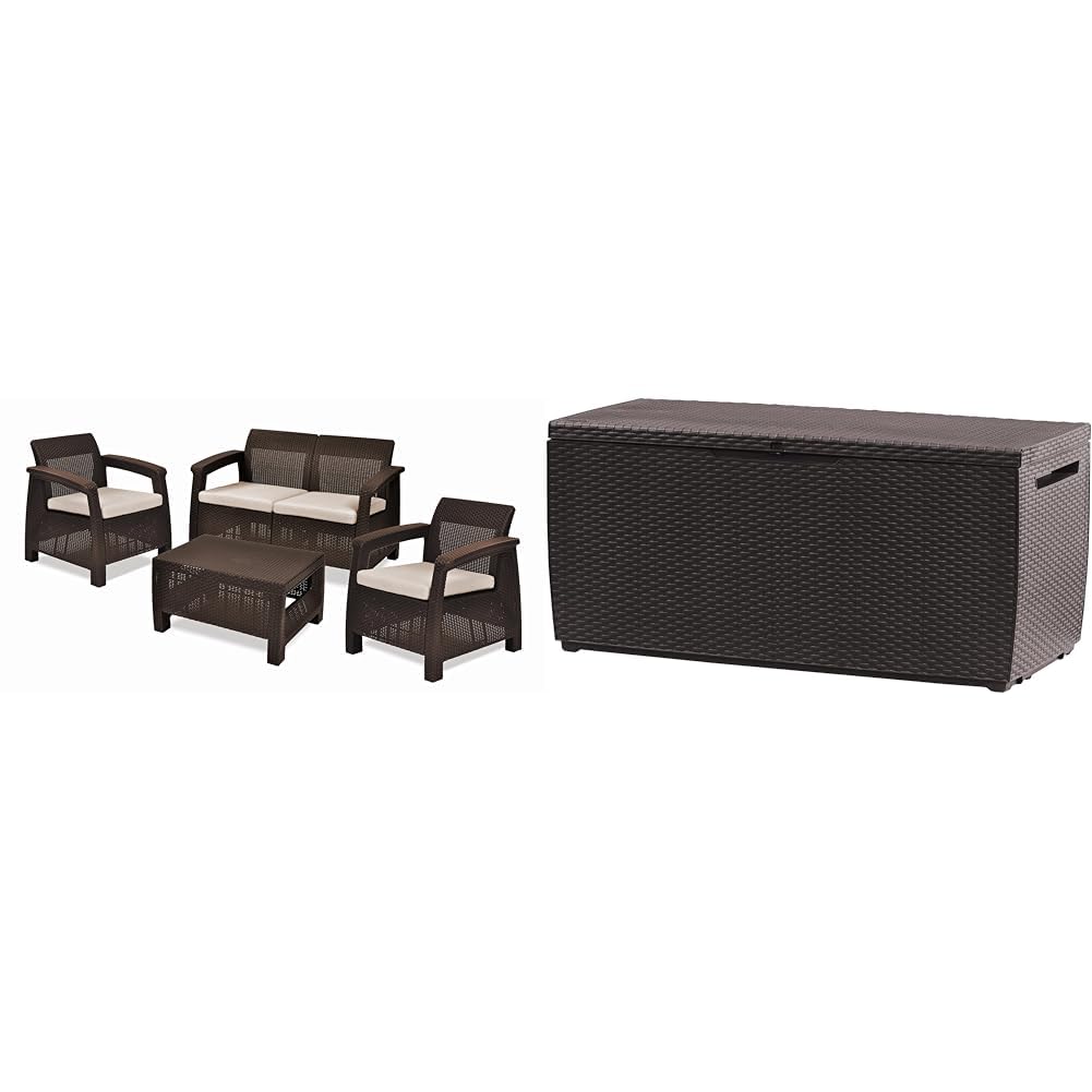Keter Corfu Conjunto de jardín Exterior 4 plazas y Mesa con Cojines incluidos, Resina con Acabado ratán Plano, Marrón & Capri - Arcón Exterior, Baúl almacenaje, Capacidad 305L, Resina, Color marrón