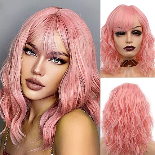 Sheila Beauty Pink Lolita Wigs with Bangs for Women Girls Wavy Bob Wigs Short Hair Replacement Cosplay Party Wig Shoulder Length 14 Inch Hair for Daily Using Party Natural Looking
