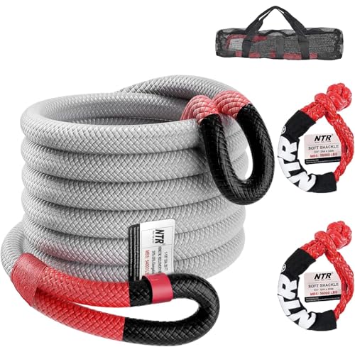 Image of NTR 1-1 /4 inch x 30' Kinetic Recovery Tow Rope (54,000lbs), with 2 UHMWPE Soft Shackles (56,000lbs), Heavy-Duty Offroad Snatch Strap, Vehicle Recovery kit for Jeep car Truck ATV UTV SUV, Grey