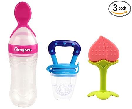 GRAYSEE Combo of Baby Silicone Food Nibbler for Fruit Food Feeder & Fruit Teether, Pacifier Nibbler for 6 to 12 Months Baby Boys Girls Newborn (Pack of 3, Type 5)