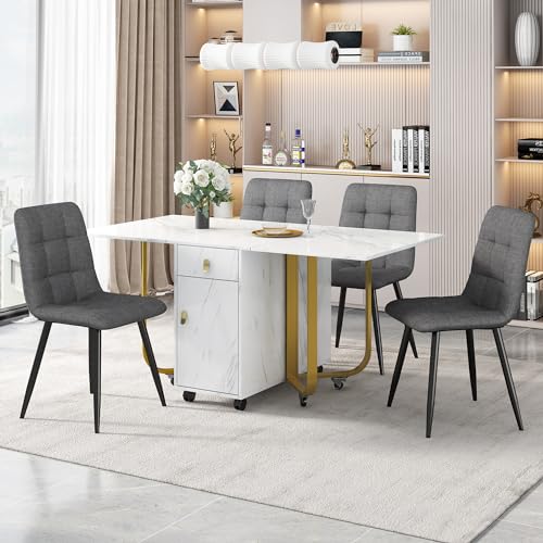 HaoChrymec Conjunto de Comedor con MDF, Mesa Plegable con 4 Sillas Tapizadas, Mesa de Cocina Moderna, Sillas de Comedor con Respaldo Acolchado, para Comedor y Cocina, Blanco, 150x80x76cm