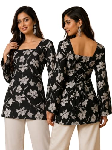 Image of Rayon Floral Print Short Kurti for Women | Square Neck Long Sleeve Top for Women | Criss Cross Back Desing Kurti | Soft Breathable Fabric | Relaxed Fit | Casual and Office Wear