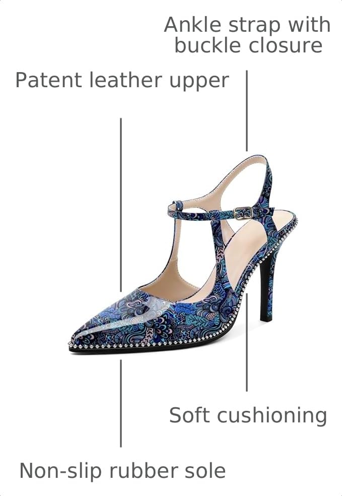 Image of SAMMITOP Womens High Heels Ankle Strap Pointed Toe Stilettos Patent Leather Beaded Pumps Dress Shoes 3.5 Inch