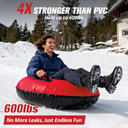 ZEALFEEL Snow Tube, 45'' Rubber Snow Tubes with Commercial Grade Canvas Cover for Kids & Adults, Inflatable Heavy Duty Snow Sled Thickened Hard Bottom with Tow Strap, Sleds Winter Gifts