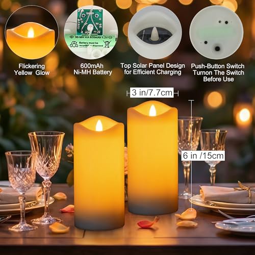 Image of Livinlarge Solar Candles Outdoor Waterproof,6pcs 3 inchx6 inch Solar Flameles Candle |Dusk to Dawn,Auto On /Off,White Fake Candles for Patio Yard Deck Window Table Decor,Holiday Gifts for Mom and Wife