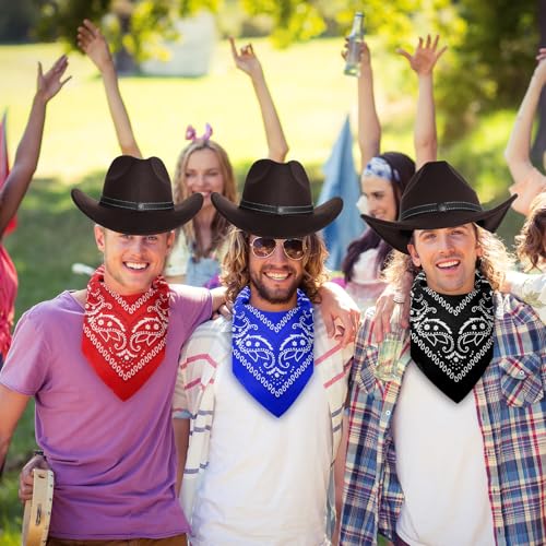 Image of Western Brown Cowboy Hat for Women Men with 3 Pcs Bandanas Felt Wide Brim Brown Cowgirl Hats for Women Cowboys and Cowgirls Halloween Costume Accessories