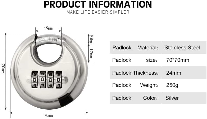 Vista 3 de Paquete de 10 candados de disco de acero inoxidable de 4 dígitos (3 pulgadas) de combinación para exteriores para almacén, cobertizos, casilleros