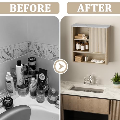 HOCAT Fluted Bathroom Wall Cabinet, Medicine Cabinet with Adjustable Shelves, Wood Wall Storage Cabinet, Over the Toilet Storage Cabinet for Kitchen, Living Room, Bathroom, Oak — view 5