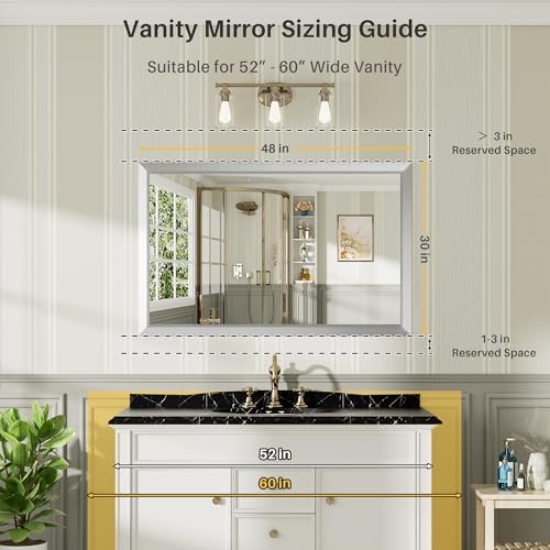 48x30 Inch Silver Bathroom Mirror for Wall, Thick Metal Framed Rectangle Mirrors for Over Sink, Bedroom, Living Room, Entryway, Anti-Rust, HD Tempered Glass