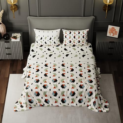 Image of BLISSHOME SoftTouch 150TC Cotton King Size Printed Bedsheet with 2 Pillow Covers for Double Bed, Silky Smooth Bedding Set, Breathable, Easy Maintain, Geometric Pattern - Cream (228cm X 274cm)