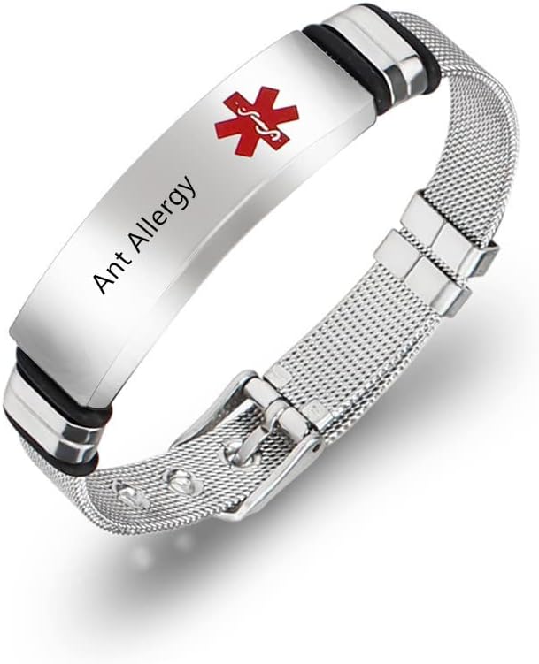 Engraving Bracelets for Men Women Adjustable Mesh Belt Allergic Awareness Bracelet Personalized Medical Alert ID Wristband Customized Emergency Identification Bracelet,with Medical Card