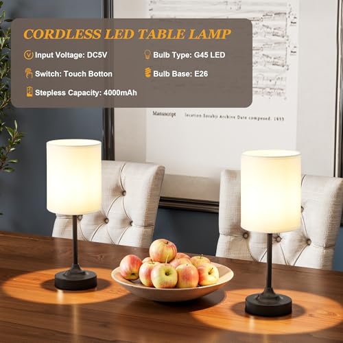 Image of Touch Control Cordlss Table Lamp, USB-C Rechargeable Lamp with Stepless Dimming, 4000mAh Battery Operated Bedside Lamp for Bedroom, Living Room, Night Light & Emergency Lighting, Black, 2 Pack