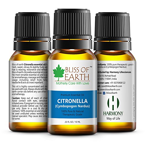 Bliss of Earth Citronella Essential Oil 100% Pure & Therapeutic Grade Natural Insect Repellent Deodorizing & Air Purifying Oil Antimicrobial and Skin Soothing 10ml (Cymbopogon Nardus)