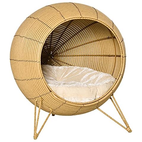 Pawhut Cama de Ratán para Gatos con Cojín Suave y Base Trípode Cover