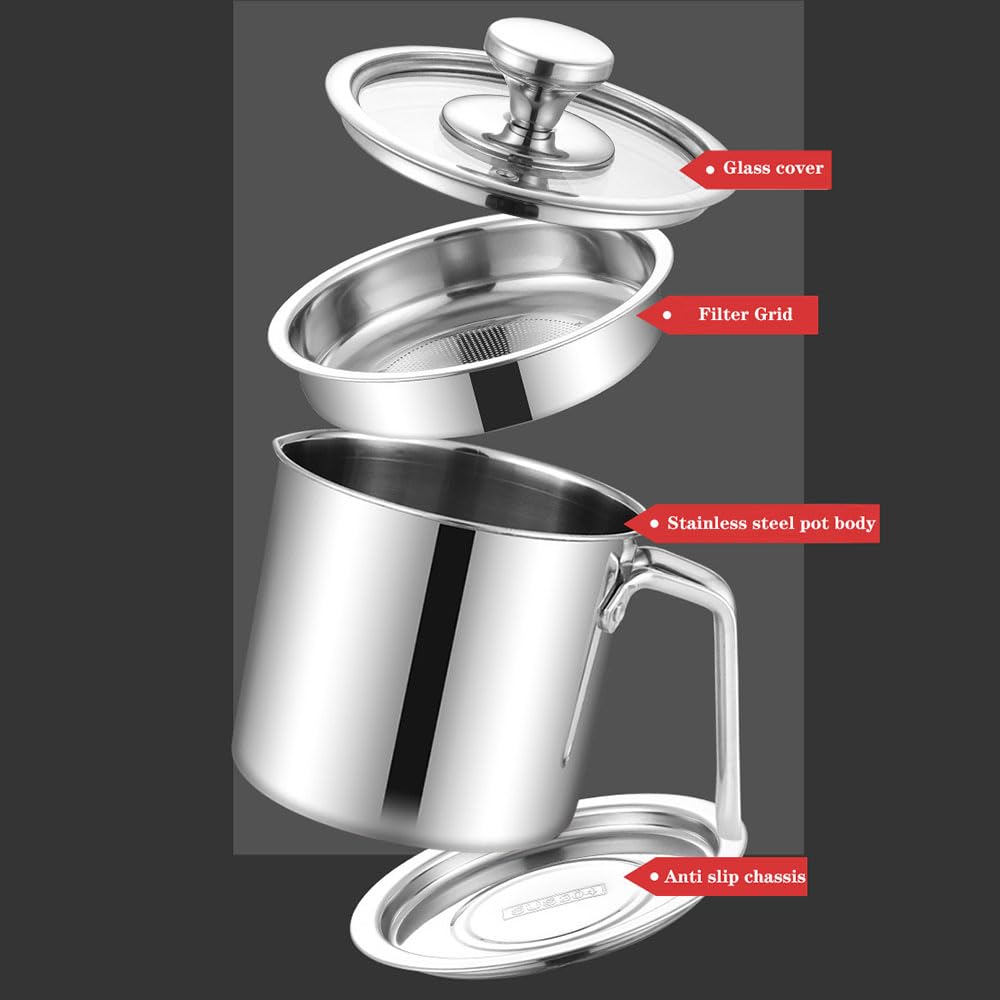 Contenitore per filtro dell'olio in acciaio inossidabile con filtro a rete, dispenser per olio d'oliva, contenitore multiuso per salsa di soia, aceto, manico per versare facilmente il vino (1,8 l,