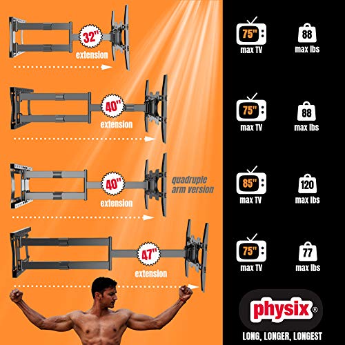 Physix 2120 Long Arm Tv Wall Mount For 32-75 Inch Screens | Extra Long Extension Up To 47 Inch | Heavy-Duty Tv Mount Holds Up To 77 Lbs | Full-Motion, Swivels Up To 180° | Max. Vesa 400X400 #TOP5