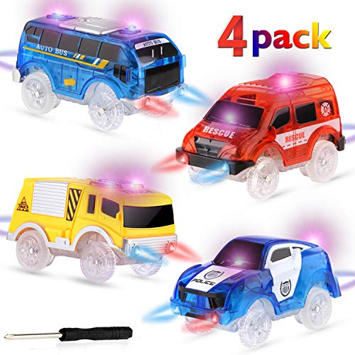 RACPNEL Track Cars Compatible with Most Tracks Light Up Replacement Car Toys, Glow in The Dark Car Tracks Accessories with 5 Flashing LED Lights, Best Gift for Boys and Girls ( 4 Pack )