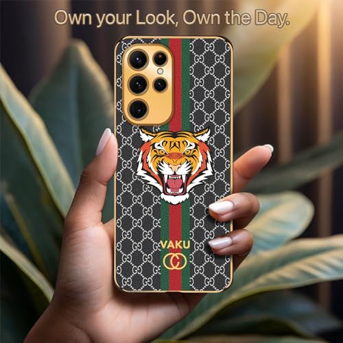 Image of Vaku Luxos Lynx Design Back Cover for Samsung Galaxy S23 Ultra with Leather Pattern Gold Electroplated Soft TPU Cover Shockproof Protective Case - Black
