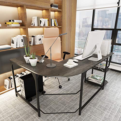 Teraves Reversible L Shaped Desk with Shelves Round Corner Computer Desk Gaming Table Workstation for Home Office