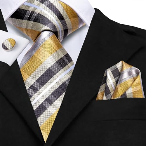 Image of Hi-Tie Mens Plaid Ties Classic Paisley Necktie with Handkerchief Cufflinks Set Business Stripe Tie