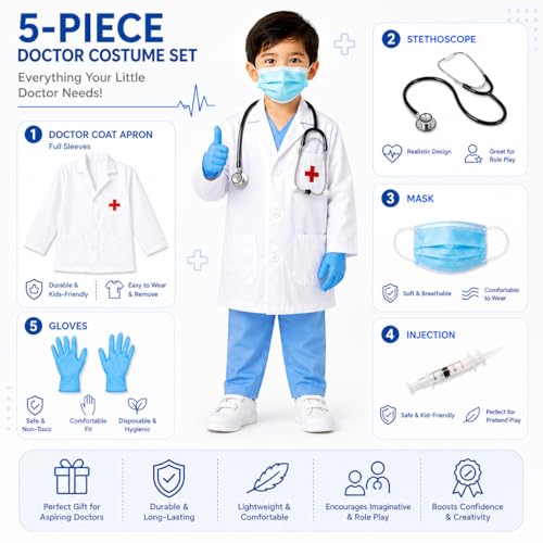 Image of Doctor Dress for Kids with White Coat, Lab Coat Outfit for Children, Medical Role Play Costume for Fancy Dress Competition, School Annual Function, Career Day Events