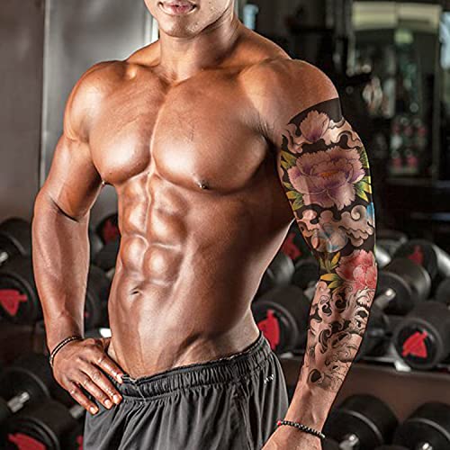 Oehok Temporary Tattoos, Extra Large Full Arm Fake Tattoos, Cool Waterproof Tattoo Stickers, Body/Leg/Arm Makeup Lasting Tattoos Sleeve For Adult/Man/Women/Girl, Fashion Black Waves Flowers 3D Realistic Temp Tattoo #TOP5