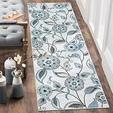 Zealude Floral 2x6 Hallway Runner Rug, Laundry Room Rug, Washable Runner Rug for Entryway Indoor, Botanical Non Skid Low Pile Carpet Runners for Bathroom Indoor Outdoor(2x6ft,Grey/Blue)