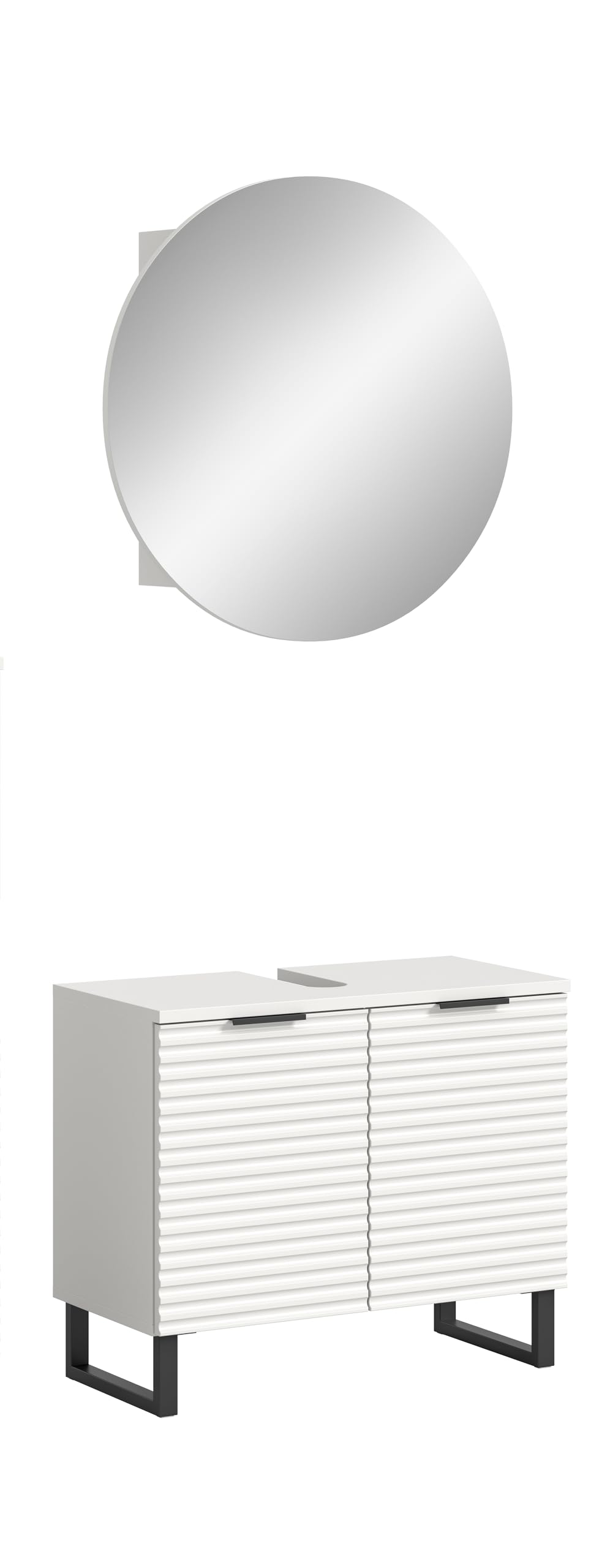 xonox.home Badezimmer Riff 2tlg. Kombination Badmöbel Set kleine Bäder Komplettprogramm Bademöbel-Set in weiß Waschbeckenunterschrank Spiegelschrank rund