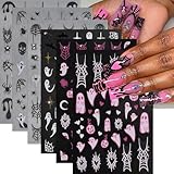Muorruo 6 pezzi di adesivi per unghie di Halloween, 3D, autoadesivi, rosa-bianco, fantasmi, ragnatela con strass, accessori per il design