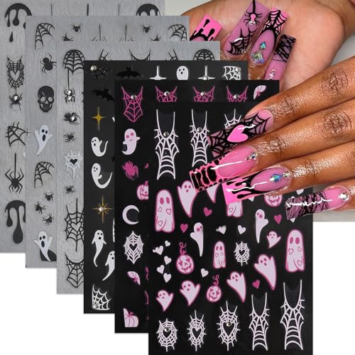 Muorruo 6 Piece Halloween Nail Stickers, 3D, Self-Adhesive, Pink and White, Ghost Nail Stickers, Fun Spider Web Nail Art Stickers with Rhinestones, Nail Design Accessories, Charms