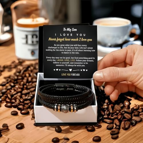 Bracelets For Men，Men's Black Braided Leather Bracelet, Stainless Steel Engraved Love You Forever Jewelry, Perfect or Dad, Husband, Son, Grandson, Nephew,Comes With Message Card And Gifts Box4