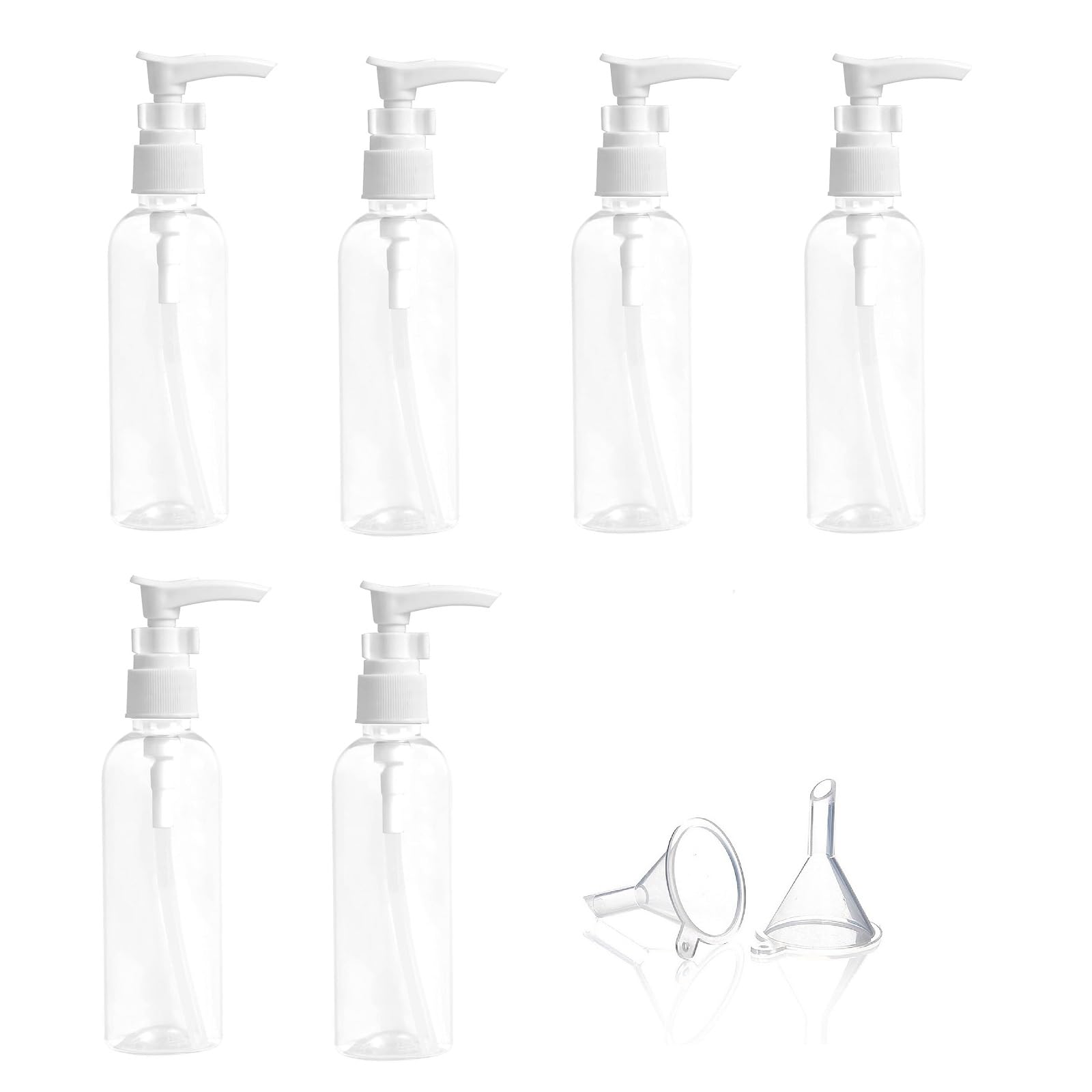 Bottiglia Pompa da Viaggio in Plastica,Dispenser per Lozione,Boccette Contenitori Ricaricabile 6PC Bottiglie da Viaggio Trasparenti 100ml con 2 Piccoli Imbuti per Cosmetici Lozione Bagno Shampoo