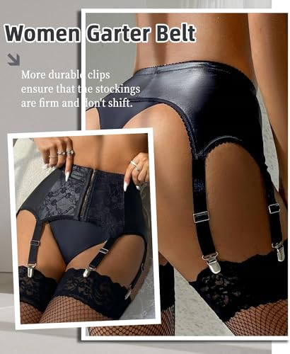 Liguero sexy para mujer con 6 clips y medias rejilla de encaje negro 3XL-5XL 3