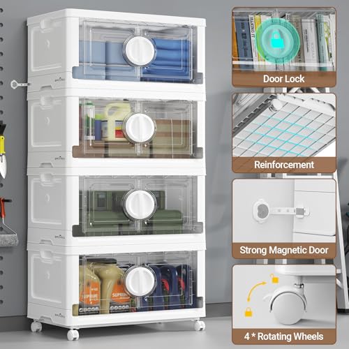 Image of BROVIEW 360Qt Lockable Stackable Storage Bins with Lids, Closet Organizers and Storage Drawer, Collapsible Storage Bin with Wheels, Plastic Cabinet for Toy Clothes Dorm Organizer, V9 3 Pack White