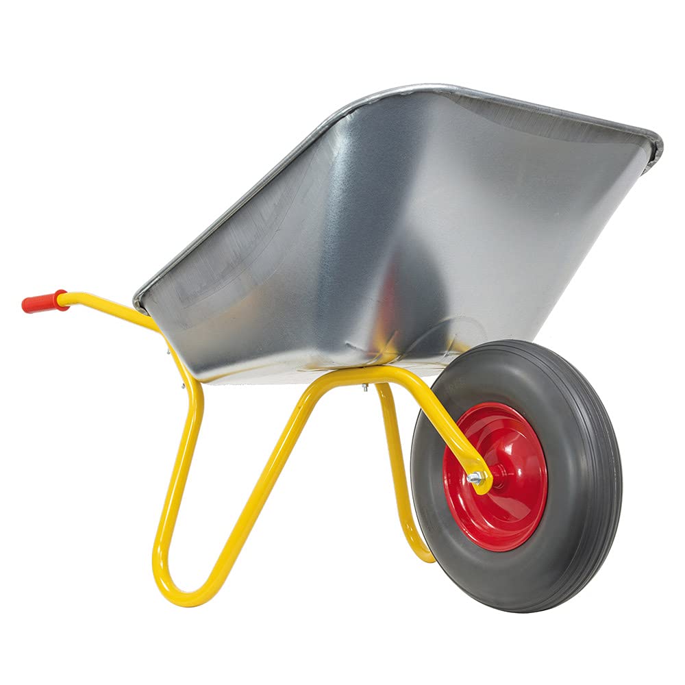 RAVENDO Profi Schubkarre Premium Qualität mit Vollgummirad pannensicher Vollgummireifen Schubkarren BD 1002 | 100 Liter Mulde | PU Rad kugelgelagert | 150kg Tragkraft | Gelb