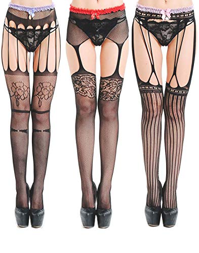 Preisvergleich Produktbild Feoya 3 Stck Damen Reizvolle strapsstrümpfe mit strapsgürtel Oberschenkel Halterlose Strümpfe Strapsgürtel Strumpfhalter Slip Spitze Strapshalter