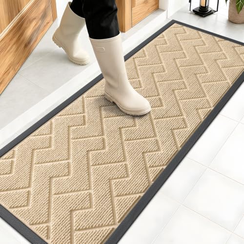 Image of OLANLY Front Door Mat Indoor Outdoor Entrance, Waterproof All-Season, All-Weather Doormat, Sturdy Natural Rubber, Low Profile, Easy Clean Patio Porch Entryway Mat, Herringbone Brick (Beige, 47x17)