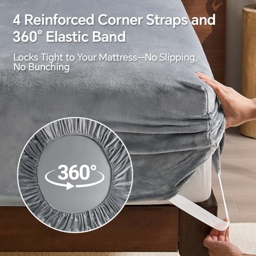 Image of BEDELITE Flannel King Fitted Sheet & Pillowcases Set, Grey, 3 Pieces | Ultra Soft Plush Fleece Bed Sheet with Elastic Corner Straps, 16 Inch Deep Pocket, Fuzzy All-Season Gift & Room Decor