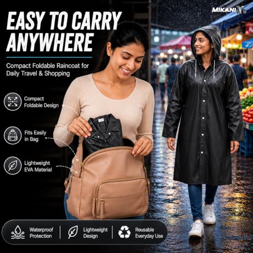 Image of MIKANIX Waterproof Hooded Raincoat for Men & Women | Full Length Reusable PVC Rain Wear | Lightweight Windproof Rain Jacket with Front Button Closure (Pack of 1)