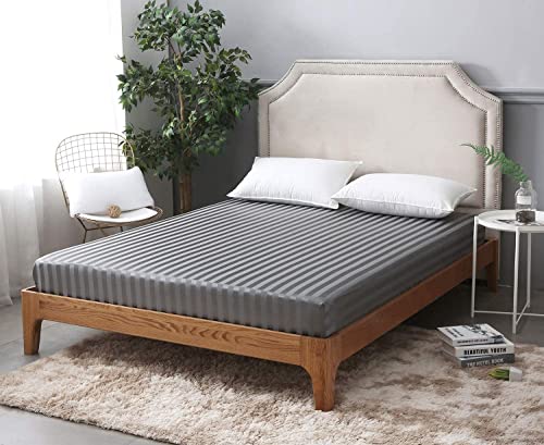 40cm Extra Deep Stripe Fitted Sheet 100% Egyptian Cotton 600 Thread Count Bedsheet Mattress Covers White Grey Bottom Sheets Double King Super King Bed Size (Super King, Grey) - Image 4