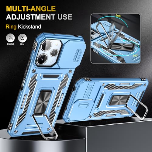 Image of Polycarbonate Slide Camera Cover with Ring Holder Mobile Phone Back Cover for Redmi 12 5G|Redmi 12 4G|Poco M6 Pro 5G (Blue)