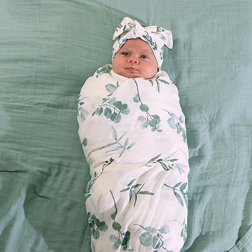 Image of BabyWhale Muslin Swaddle Blanket with Hat and Headband Bow, Boho Green Eucalyptus Leaves Swaddle Set for Newborns, Breathable Receiving Blanket Wrap, Large 47x47 inches