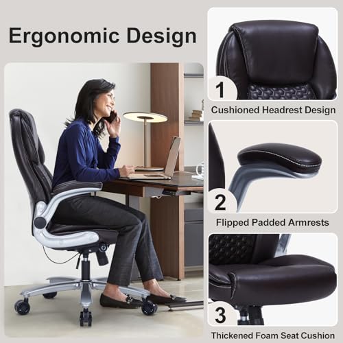 Image of ZLHECTO Big and Tall Executive Office Chair, PU Leather Swivel Desk Chair with Flip-up Arms, Adjustable Lumbar Support, Space-Saving Height Adjustable Rolling Computer Chair for Home & Office Use