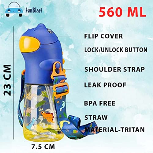 Image of FunBlast Dinosaur Water Bottle for Kids - Cartoon Design Anti-Leak Tritan Sipper for School, 560 ML (Blue)