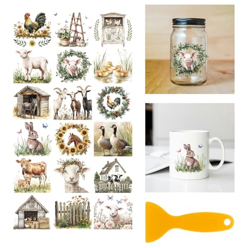 GLOBLELAND 18 Sheets Farm Animals Rub on Transfer 3.9x3.6inch Colorful Pigs Cows Horses Chickens Rabbits Home Decals Farmhouse Cup Transfer Decals for Furniture Vase Glass Art Crafts Decorations