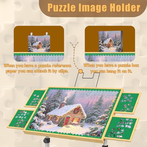 Image of Jigsaw Puzzle Table 1500 Pieces,Adjustable Height&Up Puzzle Table with draswers and Cover,Puzzle Tables for Adults with Drawers, for Puzzle Doer(Green Color
