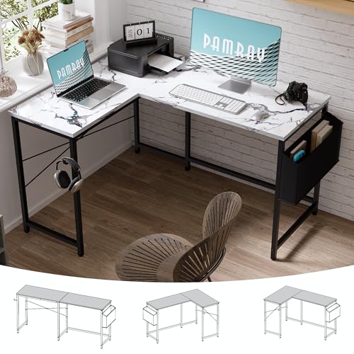 Image of Pamray 47 Inch Reversible L Shaped Gaming Desk Corner Computer Desk with Storage Bag Home Office Table for Writing Study Marble