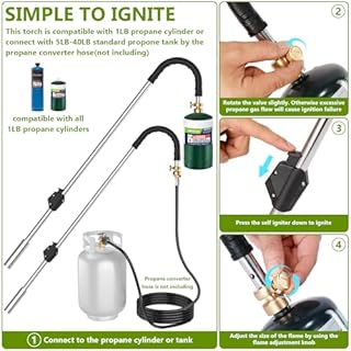 Weed Torch Propane Burner,120,000BTU Blow Torch,35" Long Arm Flame Thrower,Weed Burner with Self Igniting and Rubber Handle for Outside Weeding,Roofing,Charcoal Starter(Fuel Not Included)